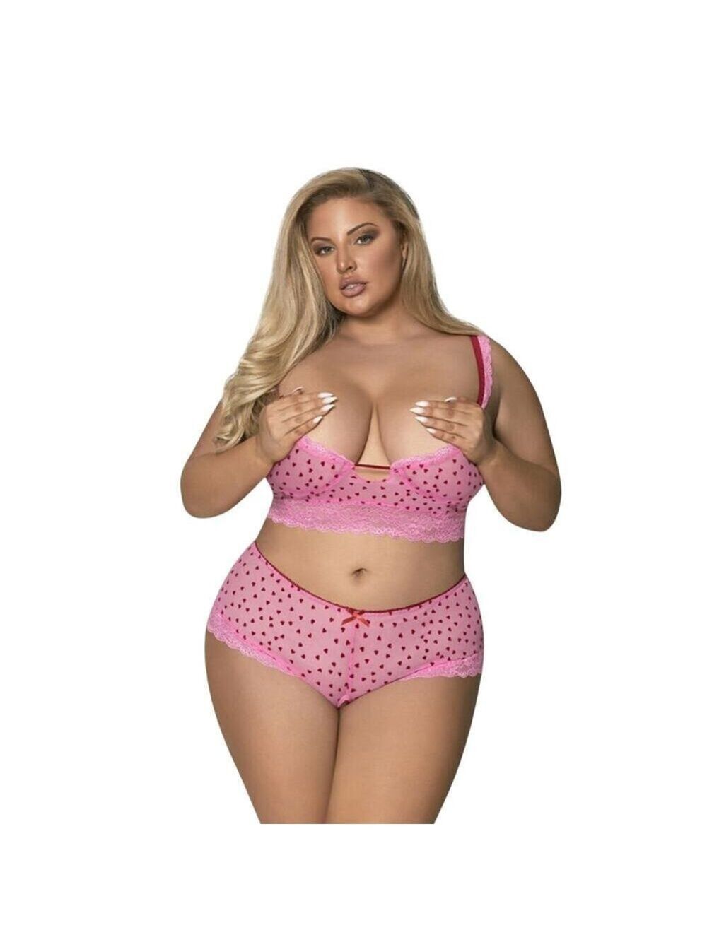 NEW! Plus Size 1X-3X Lingerie Pink Demi Bra Split Crotch Short Magic Silk